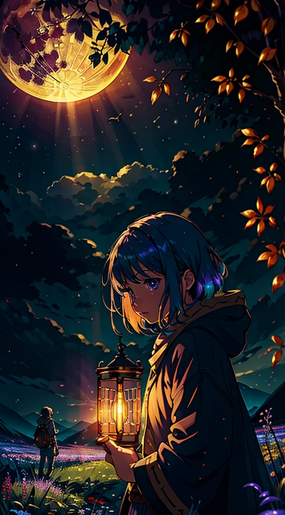 Expansive landscape photograph , (View from below,Displays the sky above and the clearing below), a girl standing on flower field looking up, (full moon:1.2), ( meteors:0.9), (Starcloud:1.3), Far Mountain, tree BREAK
production art, (Warm light source:1.2), (Firefly:1.2), lamp lights, lots of purples and oranges, Intricate details, Volumetric lighting BREAK
(Masterpiece:1.2), (Best quality), 4K, Ultra-detailed, (Dynamic composition:1.4), Highly detailed, Colorful details,( Iridescent colors:1.2), (luminouslighting, Atmospheric lighting), Dreamy, magical, (Solo:1.2)