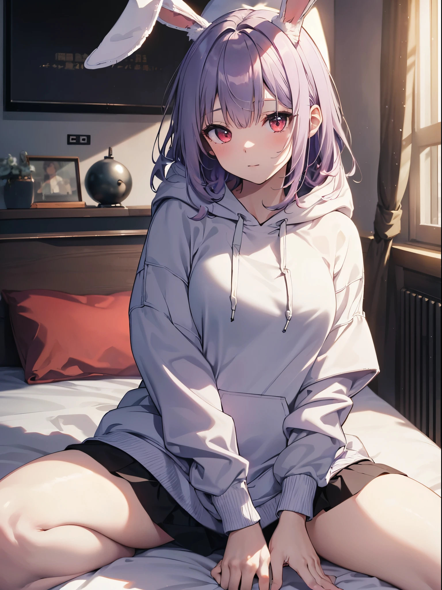 Realistic,highest quality, Ultra Detail, High-quality CG rendering, The most delicate and beautiful, Floating softly, High resolution, (1 girl), (Highest quality,4K,8K,masterpiece:1.2), Light purple hair,Rabbit,Bunny ears,(Long Hair:1.2),Red eyes,(White oversized hoodie:1.3),Inside the room,bed,(bedで横たわる:1.4),Falling,(Prone:1.5)