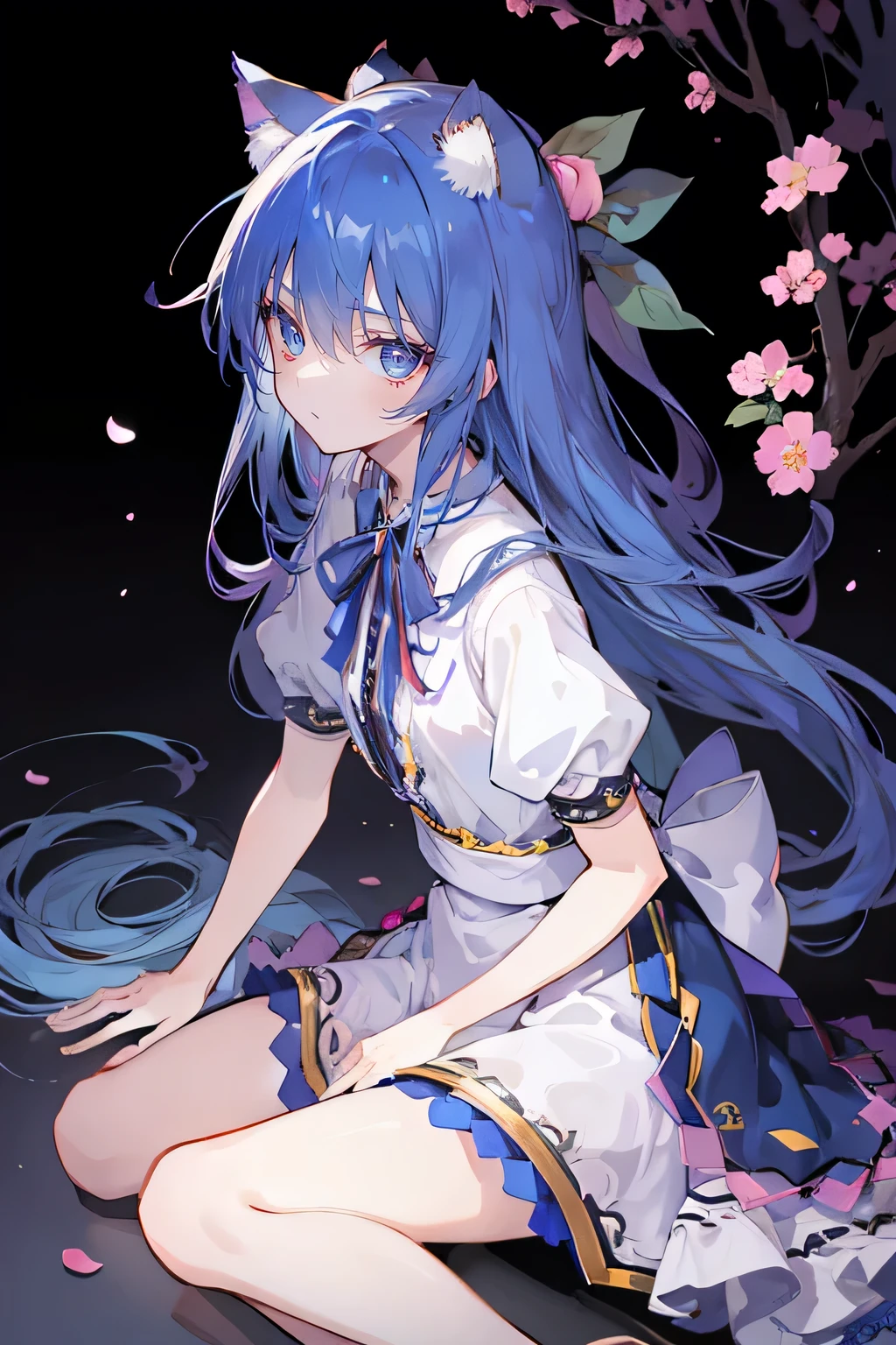 (masterpiece:1.2),ultra-detailed,realistic,expressive eyes,fair-skinned,perfectly shaped face,1girl,
Japanese cartoons,Gorgeous blue hair, flowing blue hair,floating clothes,cat ears,petals falling,beautiful Lola,Hina Angel,
hands on waist,gracefully sitting on the ground,legs crossed,gentle and serene background,cool and comfortable pavilion,night ,smile.