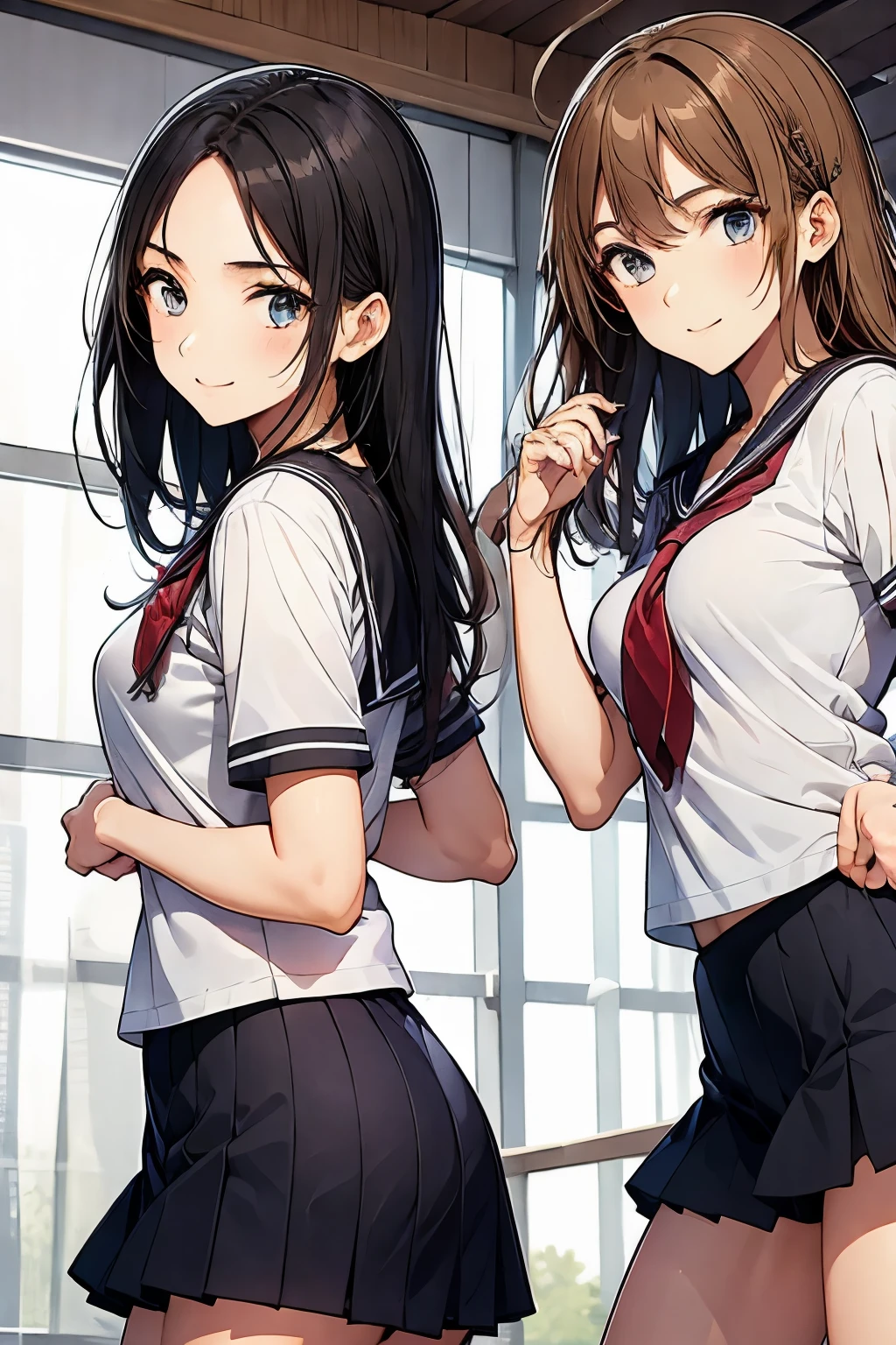 Two high school girls dancing in gym clothes on the school grounds、seductive smile、There is movement