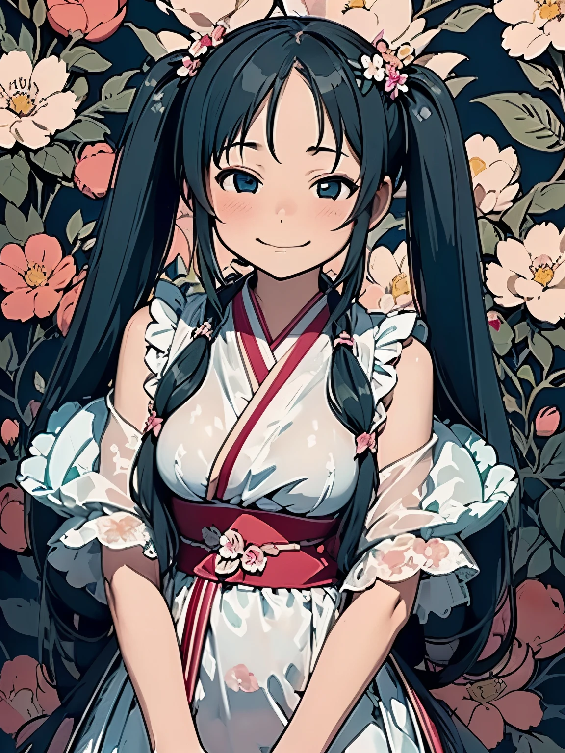 (masterpiece、highest quality、highest quality、Official Art、Beautiful and beautiful:1.2)、(1人のgirl:1.3)Hatsune Miku、Twin tails,Big Breasts,(masterpiece:1.1), (highest quality:1.2), (Very detailed 1.2), (Maiden of Heaven:1.3), (See-through ribbon:1.0), (See-through shawl:1.0), (girl), (alone), whole body, Ahoge, close your eyes, prayer, (ピンクのTwin tails:1.3), (Deformed:1.3), (Chibi Character:1.3), Japanese style, (Floral Background:1.2), Old-fashioned smile,