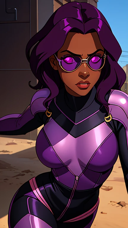 A cute girl with brown skin, sexy body, wavy purple hair [with shades of black], golden eyes (shiny), wearing mechanical goggles, ultra realistic eyes, with a pistol, jumping, with sniper outfit, Valorant Riot game, round face, realistic lighting, Radiosity, Close UP.