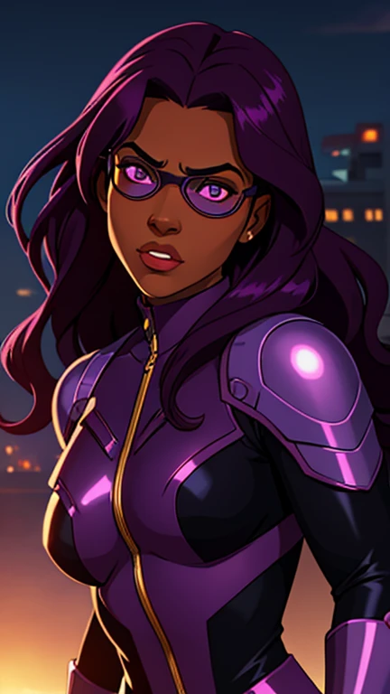 A cute girl with brown skin, sexy body, wavy purple hair [with shades of black], golden eyes (shiny), wearing mechanical goggles, ultra realistic eyes, with a pistol, jumping, with sniper outfit, Valorant Riot game, round face, realistic lighting, Radiosity, Close UP.