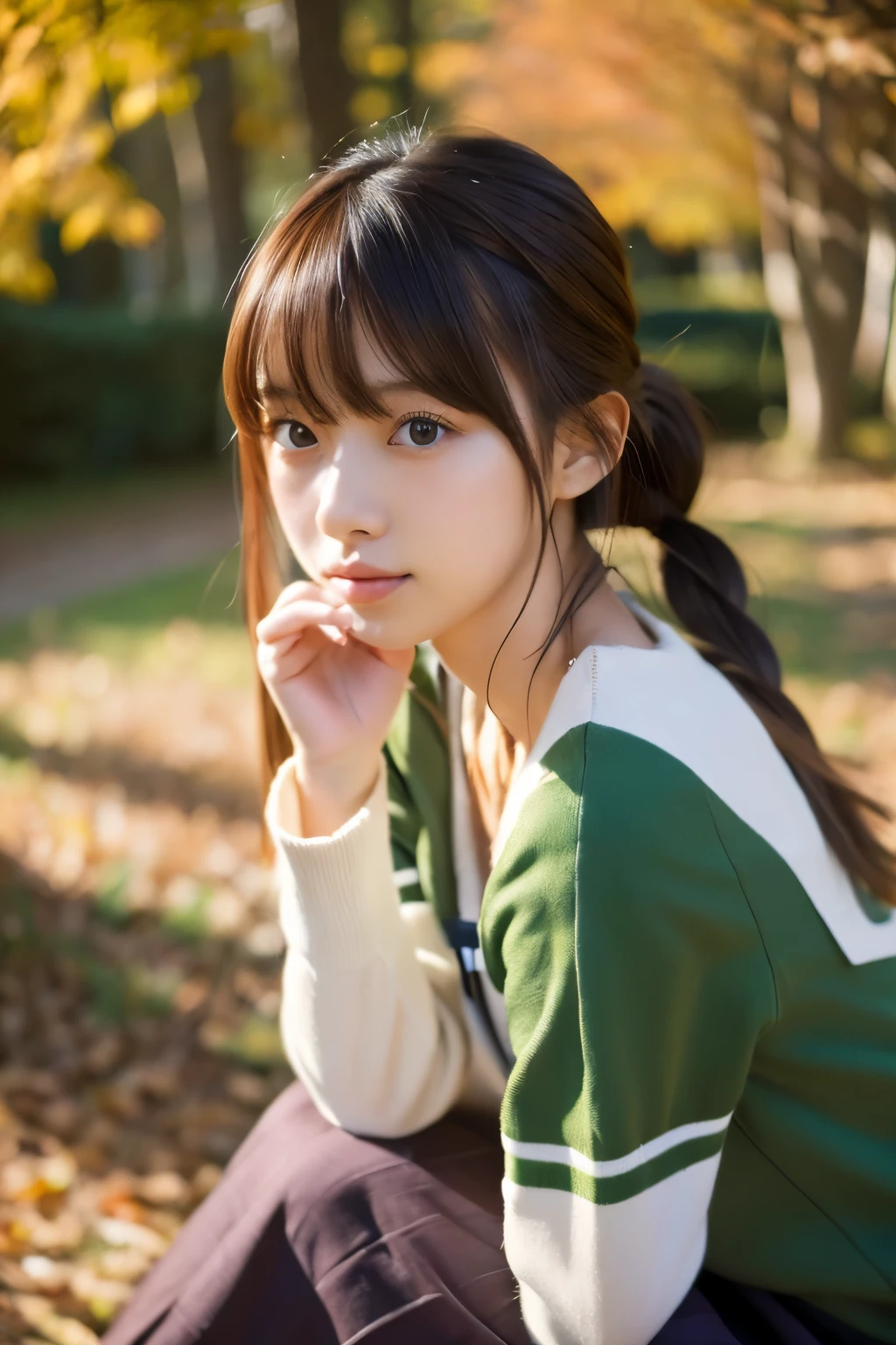 (((masterpiece))), highest quality, Very detailed, Detailed Background, 18mm wide lens, Long Shot, Quiet lakeside bench in the woods, Sitting, Very beautiful girl in the distance, Japanese , Detailed face, bangs, (whole body:1.3), (Random Hairstyles :1.2), (Young Face), (Perfect body:1.1), uniform, Pleated skirt, autumn, In 8K, wallpaper, wonderful, In detail, Very detailedな, 超A high resolution, Very detailed, Sexy face, Very detailedな目と顔, Beautiful fine details, Very detailedな肌, No makeup, (Natural Skin),
