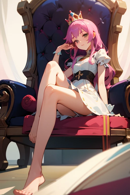 1girl,solo,leg up,barefoot,foot focus,foot up, dress,princess,sittng a chair, provocation