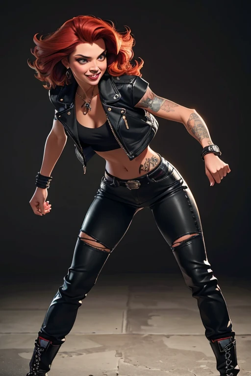 Dorohedoro Style, sexy young girl with short red hair, black jeans, black leather jacket with studs