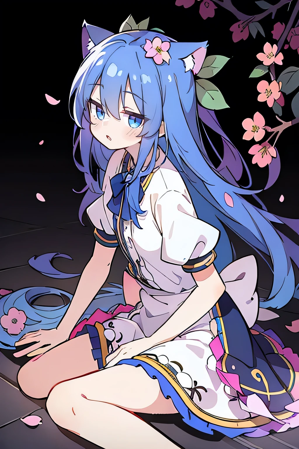 (masterpiece:1.2),ultra-detailed,realistic,expressive eyes,fair-skinned,perfectly shaped face,1girl,
Japanese cartoons,Gorgeous blue hair, flowing blue hair,floating clothes,cat ears,petals falling,beautiful Lola,Hina Angel,
hands on waist,gracefully sitting on the ground,legs crossed,gentle and serene background,cool and comfortable pavilion,night ,smile.