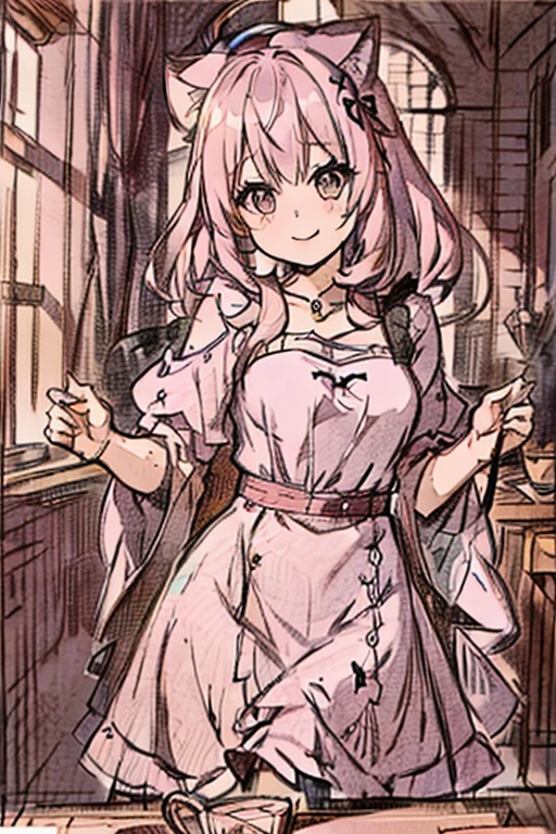 A pink haired woman with violet eyes with an hourglass figure in a gothic rockabilly dress is smiling at a kitchen table