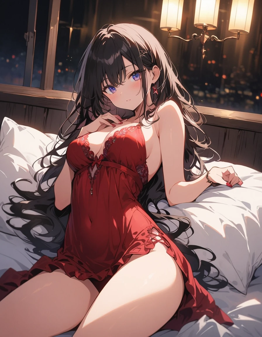 One beautiful woman、(Wearing red sexy lingerie:1.2、valley、Thighs)、Hot and beautiful posing model, Full Body、Curly black hair, Dark blue eyes, Sensual look、Indoors at night、Lying on the bed、Background Blur、(highest quality、masterpiece、High resolution、detailed)、animeスタイル、Flat Style、(Beautiful Eyes, Delicate and beautiful face、Glowing Skin), BREAK,extremely detailed、Cinematic lighting、High saturation,floating、Dynamic Angle、anime