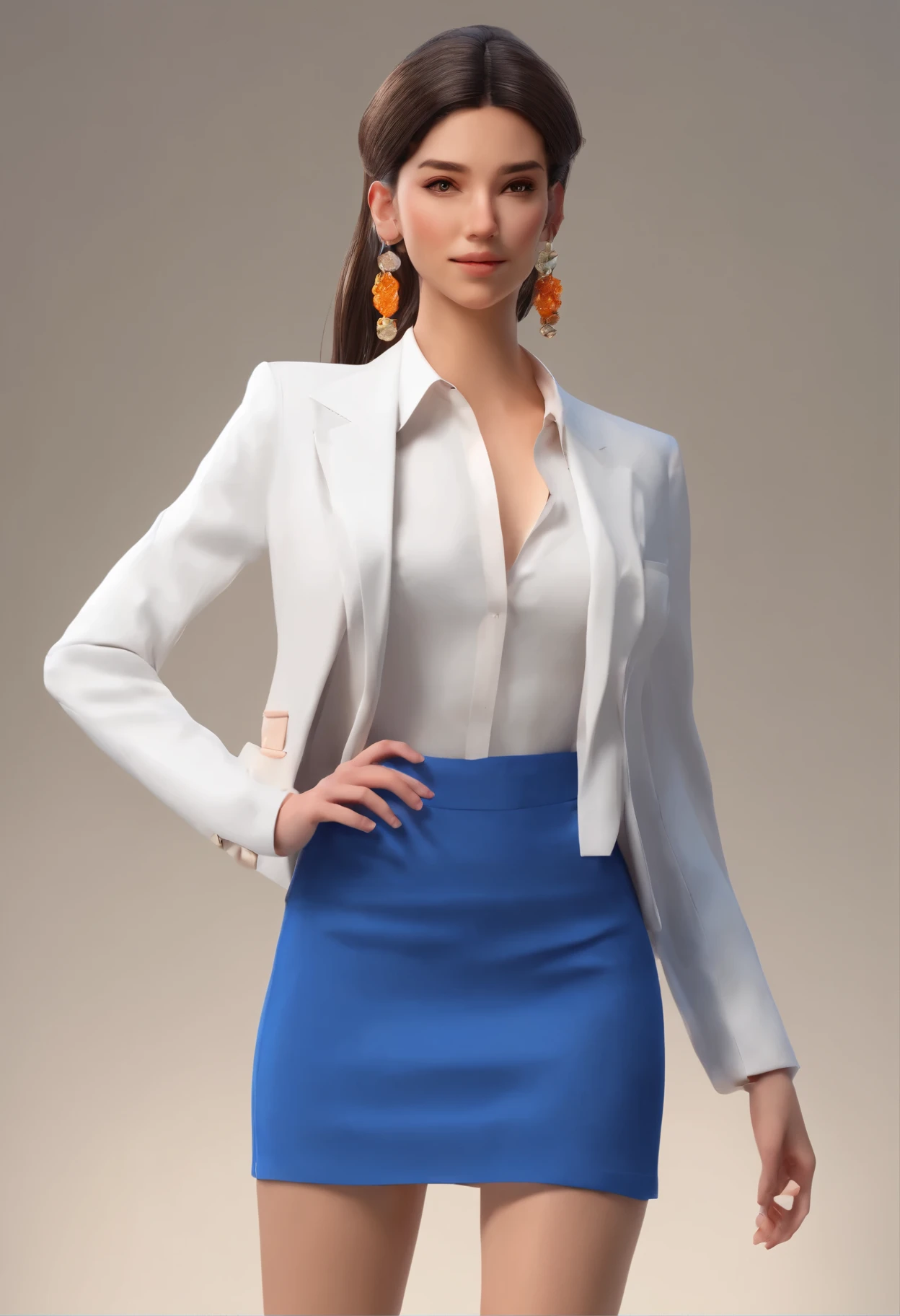Ambiguity and elegance, Model, Need high contrast, jewelry, earrings, miniskirt, shirt, jacket, Brown hair, White shirt, A bracelet, Hair Bun, single Hair Bun, Long skirt, Shut up, 环形earrings, blue jacket, Roll up your sleeves, Revealing clothes, cosmetic, White skirt
