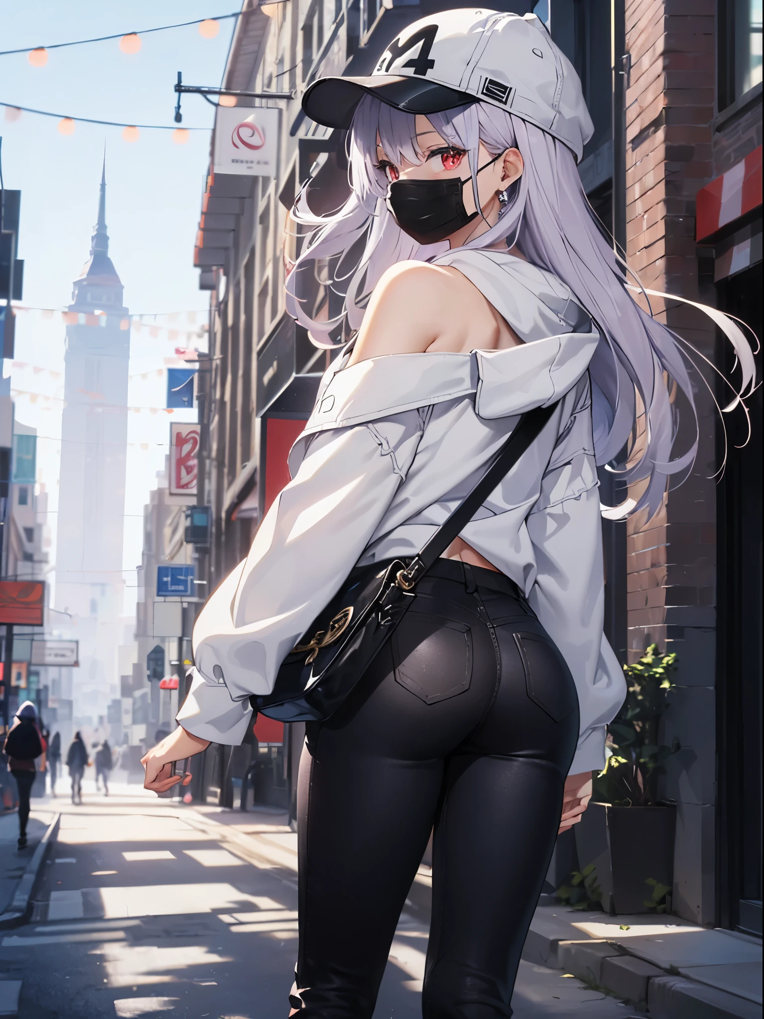 (Close-up:1.3),Realistic,highest quality, Super detailed, High-quality CG rendering, The most delicate and beautiful, Floating softly, High resolution, (1 girl), (highest quality,4K,8k,masterpiece:1.2), Light purple hair,Long Hair,Red eyes,(Pure white oversized hoodie:1.3),(Black skinny pants:1.3),(Pure white cap:1.3),In the city,old buildings,(Black Mask:1.4),(Upper Body:1.3),(Turn your back to your audience:1.3),Ass,(Small shoulder bag:1.3)
