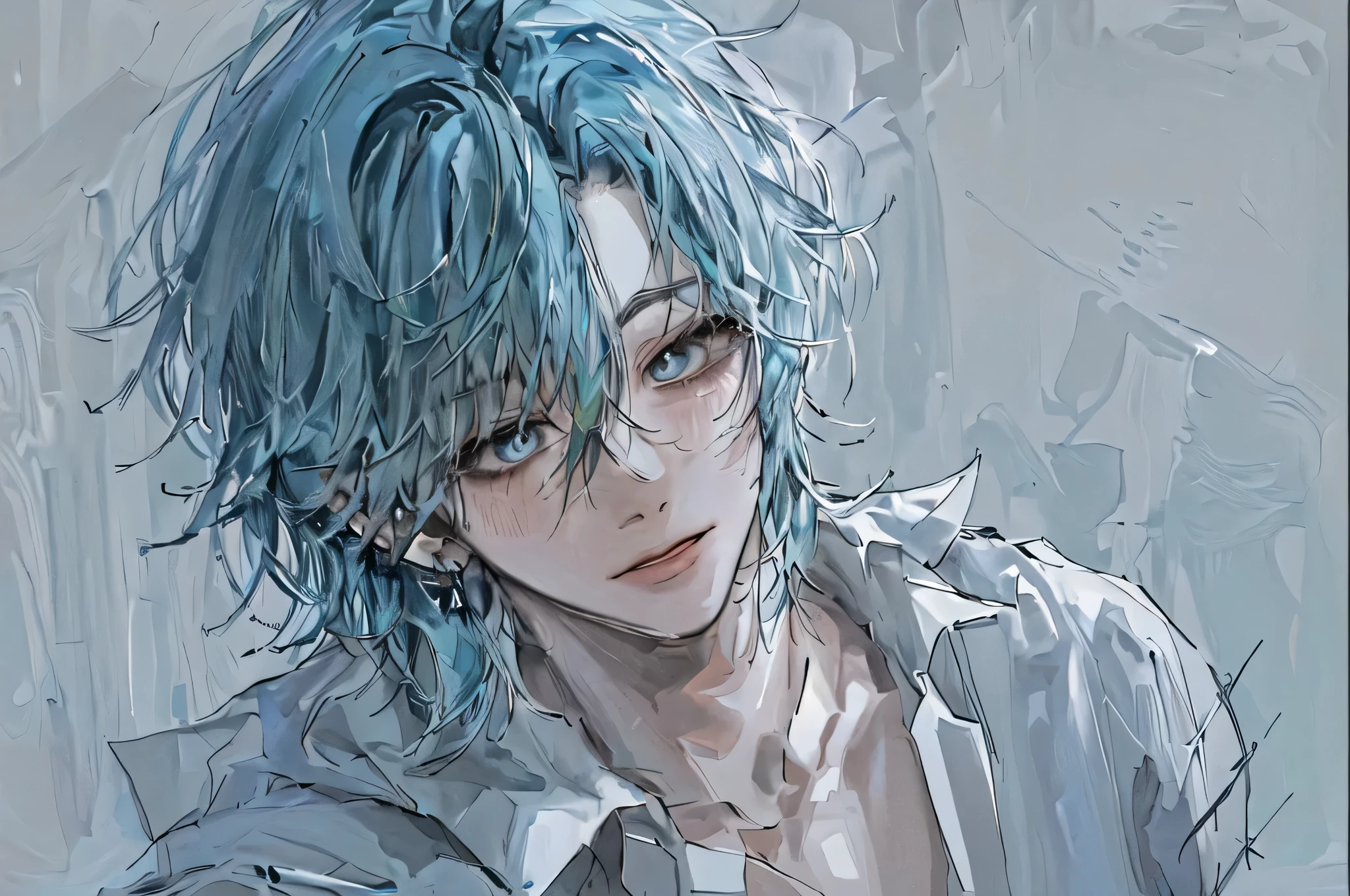 1boy, portrait, earrings, solo,lips, male focus, green eyes, looking at viewer, closed mouth, (absurdres, highres, ultra detailed),(Masterpiece, best quality:1.2),1boy,spiky messy hair,blue hair,deep blue eyes, extremely detailed eyes, close up shot, Portrait, smiling, absolutely stunning art