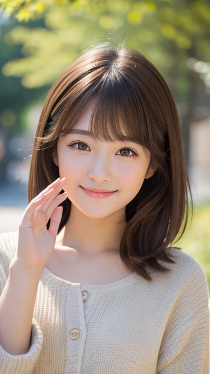 Brown Hair,Medium Hair,20-year-old female,  With the correct face, Cute natural smile, Japanese facial features, A clean and cute face, Realistic portraits, 8K Photo, Soft Makeup,Natural skin texture,Raw photo,highest quality,Full Body Shot,Waving