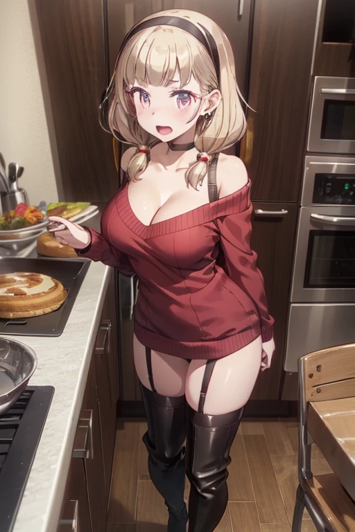 (from above:1.0),(from side:0.8),(Close-Up:0.4), masterpiece, yor, 1girl, Amazing Cleavage:1.3, thin waist, big ass, Raised sexy, medium breast: 1.3 posed cleavage:1.2、solo, looking at viewer, open mouth, have a cup of coffee,black hair, red eyes, dress, bare shoulders, jewelry, collarbone, sidelocks, hairband, earrings, indoors, off shoulder, :o, sweater, arms behind back, plant, short hair with long locks, white hairband, off-shoulder dress, sweater dress, off-shoulder sweater, red sweater, big side hair, very long side hair,is rendered in (masterpiece: 1.2, best quality), with (ultra high resolution) and an exquisite (depth of field). This masterpiece is not only visually stunning but also tells, make of cooking some cakes ,in the kitchen,open mouth smile((leather thigh high boots))(garter belt),((black hair)),blush、surprised face,