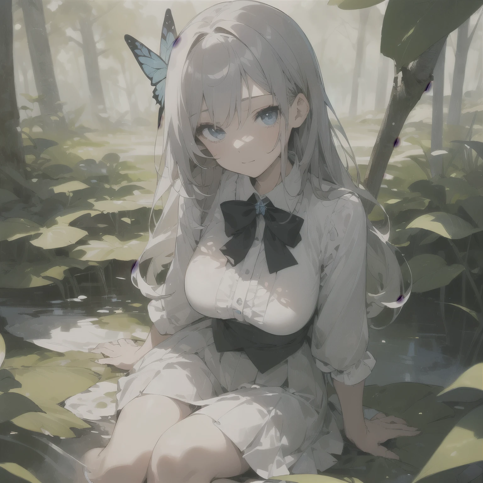 ((masterpiece)), expressionless, (((best quality))), ((illustration)), 1girl, ((solo)), (detailed face), (beautiful detailed eyes), light eyes, blue eyes, ((disheveled hair)), silver hair, full body, smile, blank stare, sitting, ((looking to the side)), bow tie hair band, white transparent long skirt, noble, mysterious, big breasts bright background, in forest, nature, sunshines through the leaves, butterfly, river, close-up, thighs slightly open