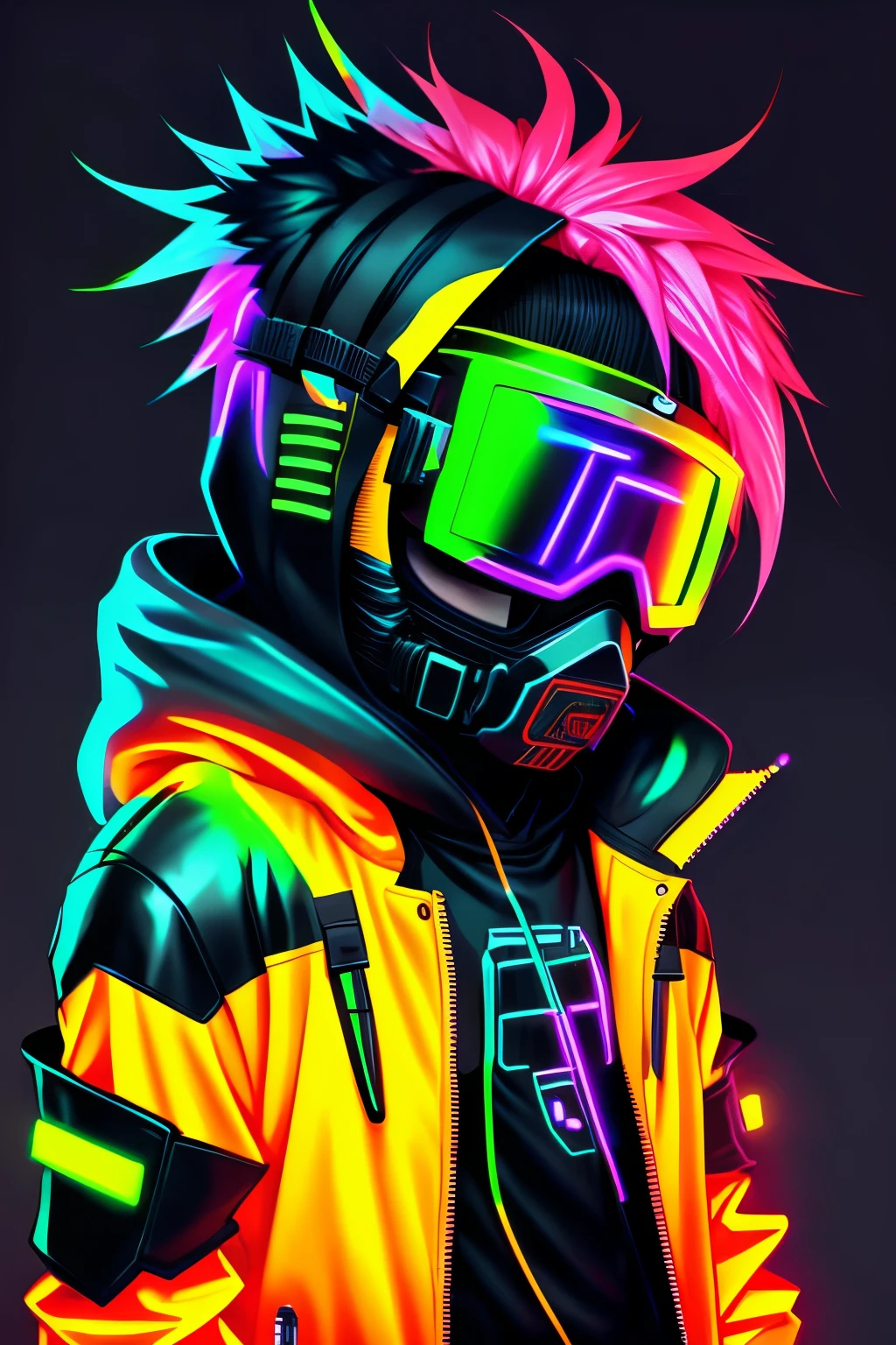 CyberpunkAI, neon, 1 boy, elf, neon hair, neon eyes, black leather jacket,sniper rifle, hood up, sneaking, mask, goggles