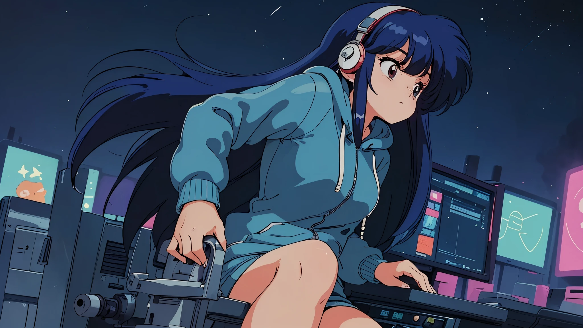 (90s anime),(city pop),(Ghibli),(ultra-detailed,master piece,best quality,high resolution,perfect eyes,perfect hands,ultra-detailed eyes,perfect fingers)(A girl with long hair is wearing headphones and a blue hoodie, working alone on a machine in the middle of the night),(the girl doesn't look this way),(profile),(long hair)
