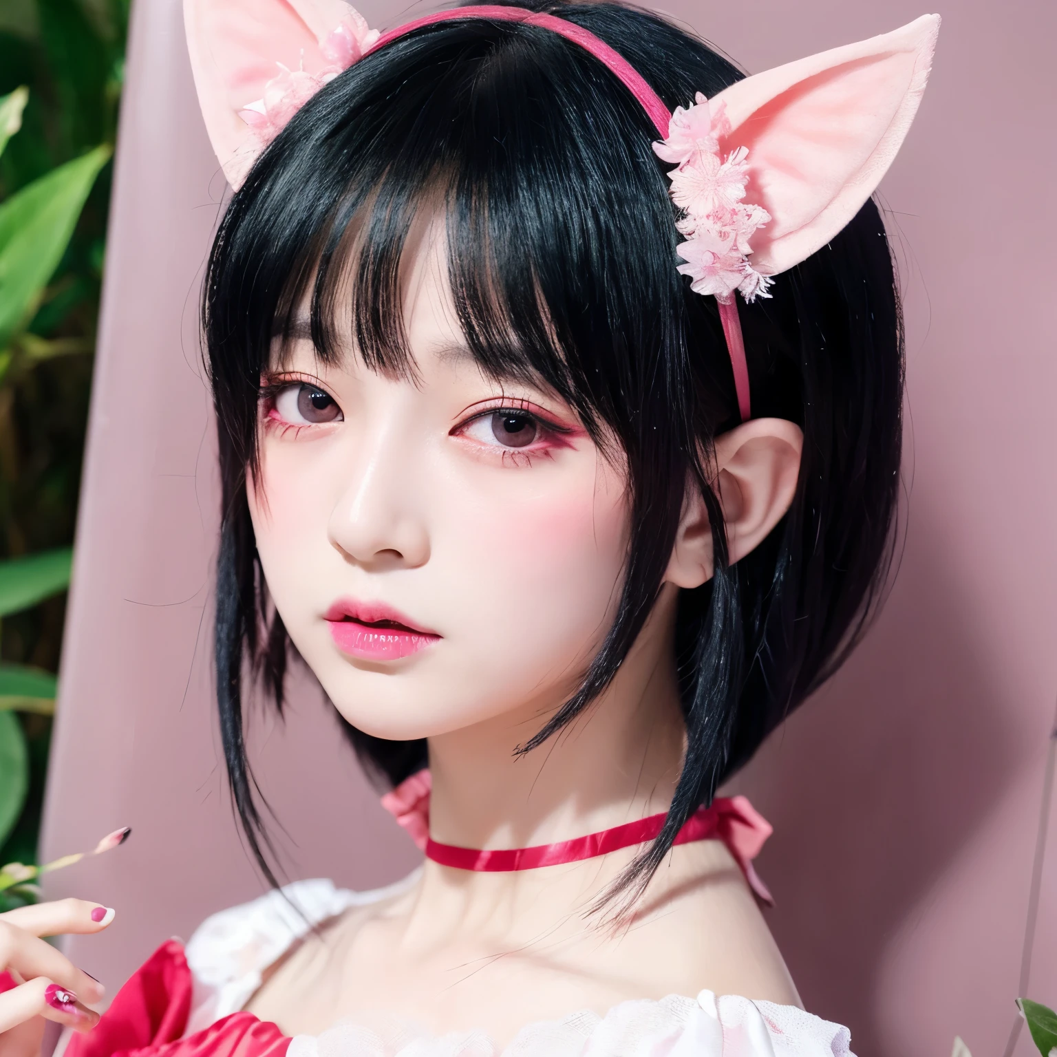 Pastel Goth AI, Fairy, Pointed Ears, Black hair mixed with red strands