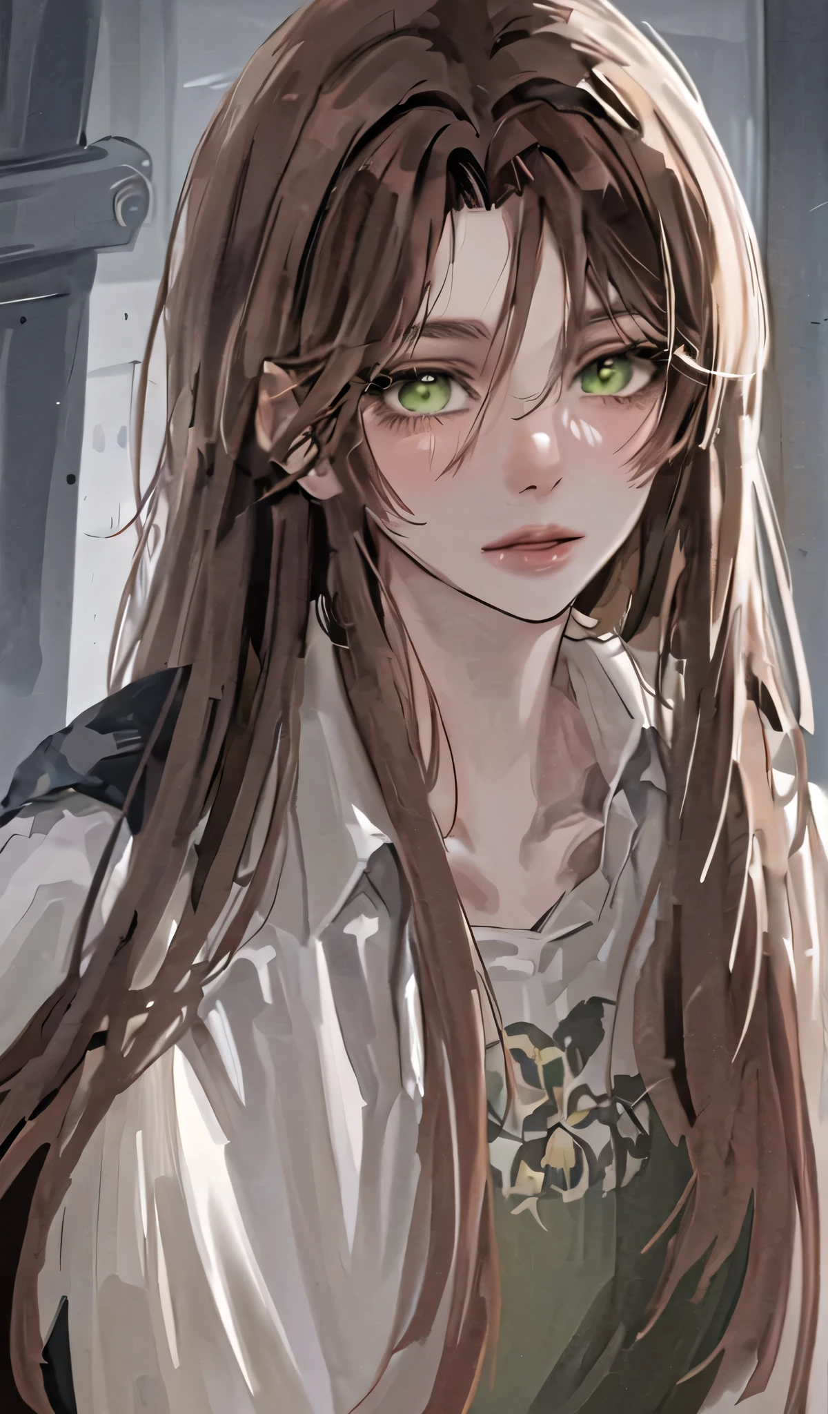 1girl, portrait, solo,lips, female focus, green eyes, looking at viewer, brown hair, long hair.