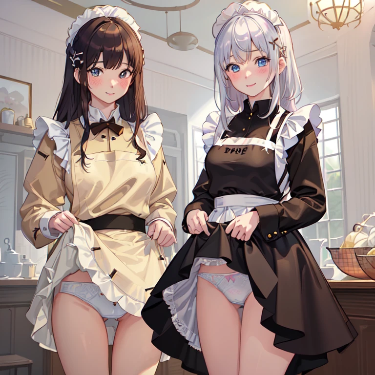 highest quality、masterpiece、((2 girls))、((smile:1.3))、(blush:1.3)、Black Shirt、blouse、((fun!!))、(Small breasts)、()、Blonde、(Long sleeve)、((White apron:1.5))、((Maid))、((hair ornaments)),、Kamimei、look at me、 ((in house:1.5))、 Taking a break from watching the audience、Cowboy Shot、(Skirt lift:1.3),(Highly detailed white panties:1.3)、(Highly detailed panties:1.3)、、(スカート that rolls up:1.3)、(Panties fully exposed:1.5)、Light blue eyes、long hair、Glowing Eyes
