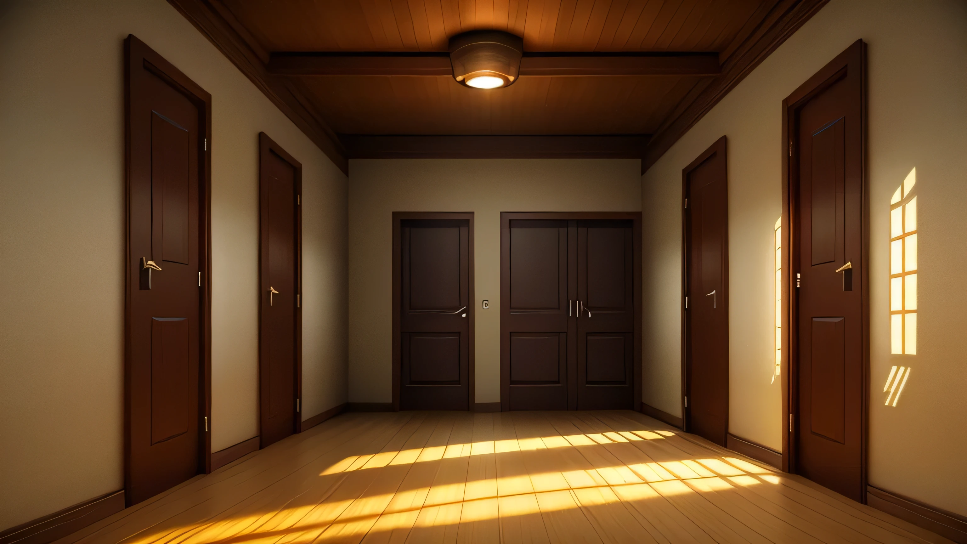 Hallway, no windows, atmosphere of horror, wooden walls, large ceiling, dim light, 2 small doors on the left side, 2 small doors on the right side, a large door at the end