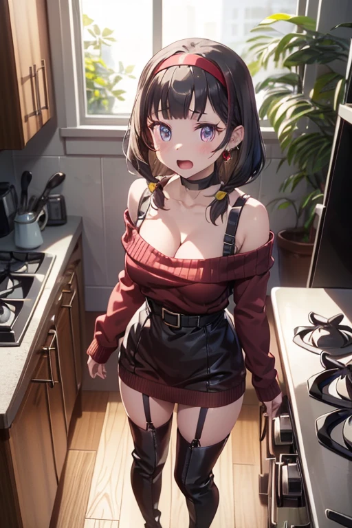 (from above:1.0),(from side:0.8),(Close-Up:0.4), masterpiece, yor, 1girl, Amazing Cleavage:1.3, thin waist, big ass, Raised sexy, medium breast: 1.3 posed cleavage:1.2、solo, looking at viewer, open mouth, have a cup of coffee,black hair, red eyes, dress, bare shoulders, jewelry, collarbone, sidelocks, hairband, earrings, indoors, off shoulder, :o, sweater, arms behind back, plant, short hair with long locks, white hairband, off-shoulder dress, sweater dress, off-shoulder sweater, red sweater, big side hair, very long side hair,is rendered in (masterpiece: 1.2, best quality), with (ultra high resolution) and an exquisite (depth of field). This masterpiece is not only visually stunning but also tells, make of cooking some cakes ,in the kitchen,open mouth smile((leather thigh high boots))(garter belt),((black hair)),blush、surprised face,