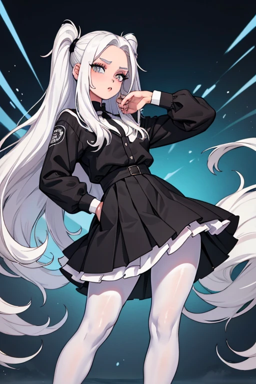 22 year old girl white skin almost talk white hair pink at the ends extremely long hair tight black pantyhose black sneakers white hair, cabelo entre os olhos, cabelo branco, boca fechada, franja, messy hair formal skirt model pose
