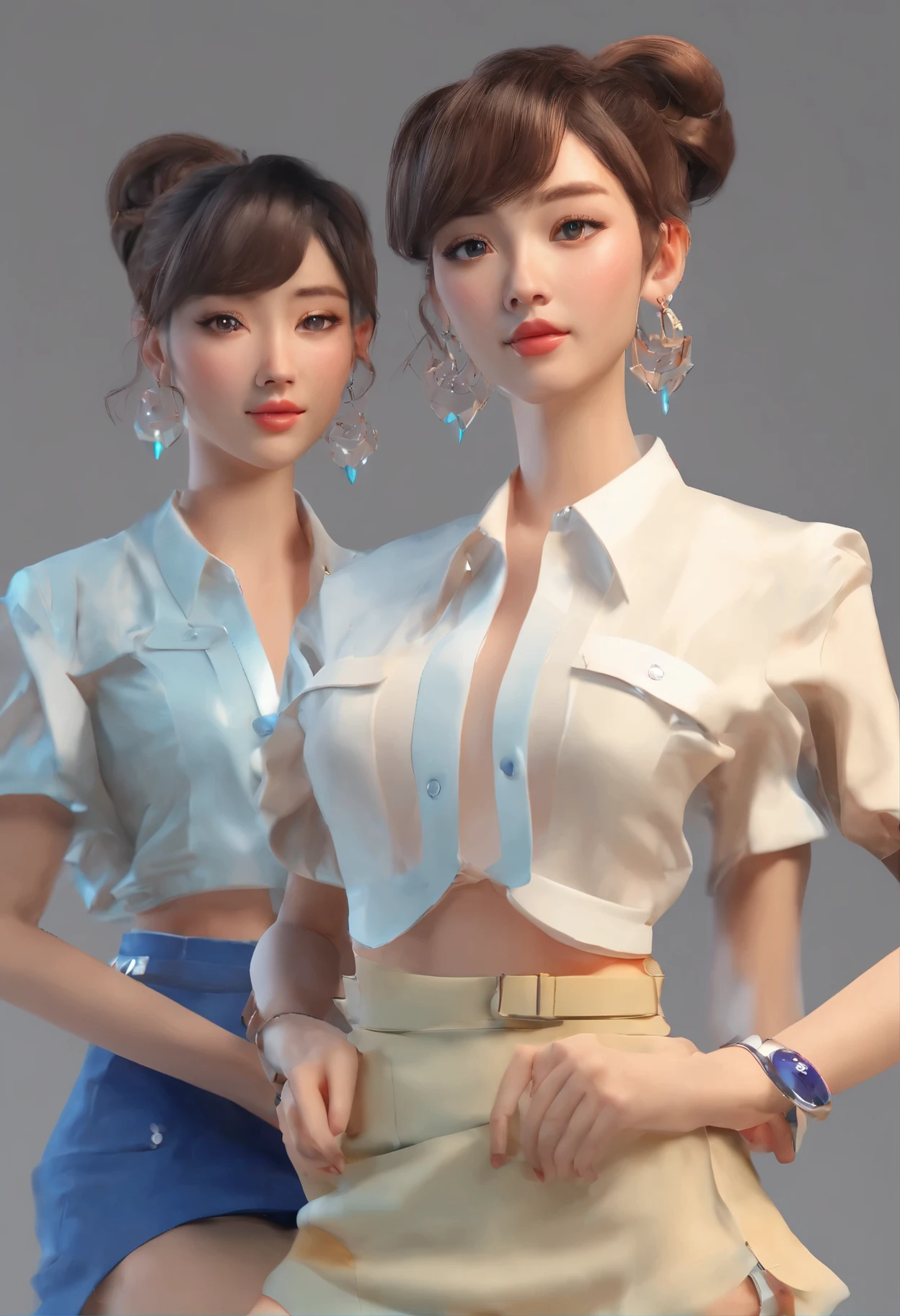 Ambiguity and elegance, Model, Need high contrast, jewelry, earrings, miniskirt, shirt, jacket, Brown hair, White shirt, A bracelet, Hair Bun, single Hair Bun, Long skirt, Shut up, 环形earrings, blue jacket, Roll up your sleeves, Revealing clothes, cosmetic, White skirt