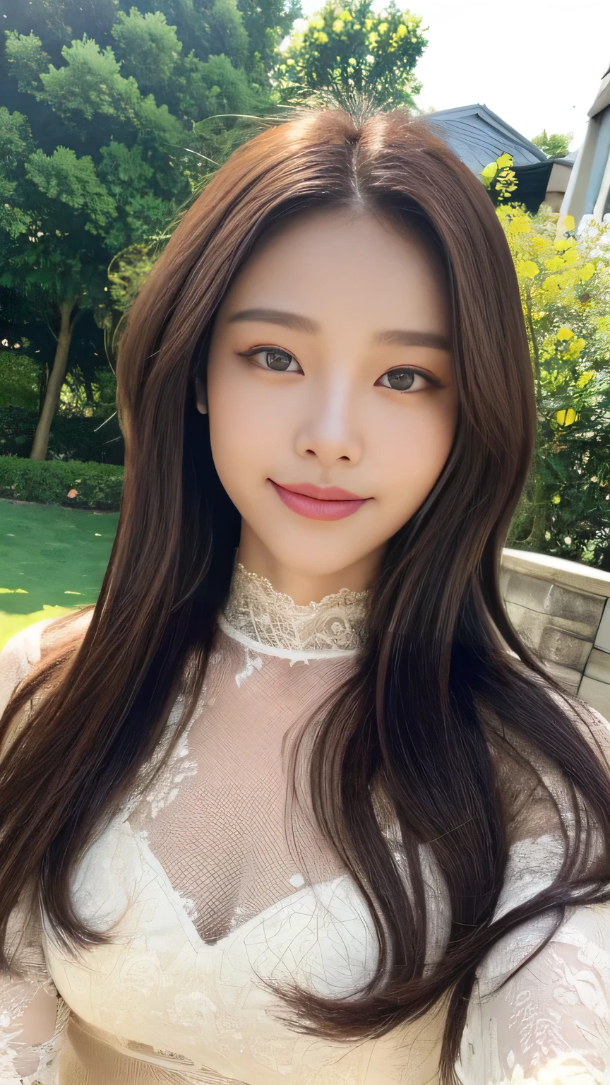 Full body angle、((highest quality, 8K, masterpiece:1.3)), concentrated:1.2, Perfect body beauty:1.4, Hips:1.2, ((Delicate Hair)), (Colorful lettuce cut mock neck see-through top without bra、 :1.1) , ((highest quality、8K、masterpiece:1.3))、1 Girl、A sloppy smile、Esbian all over、Slim face、Big 、Beautiful woman、(Dark Brown Hair)、Long Hair、1.1、Flickering Valley、Detailed eyes、double eyelid、Blurred Background、超Slim face、Looking down、garden、