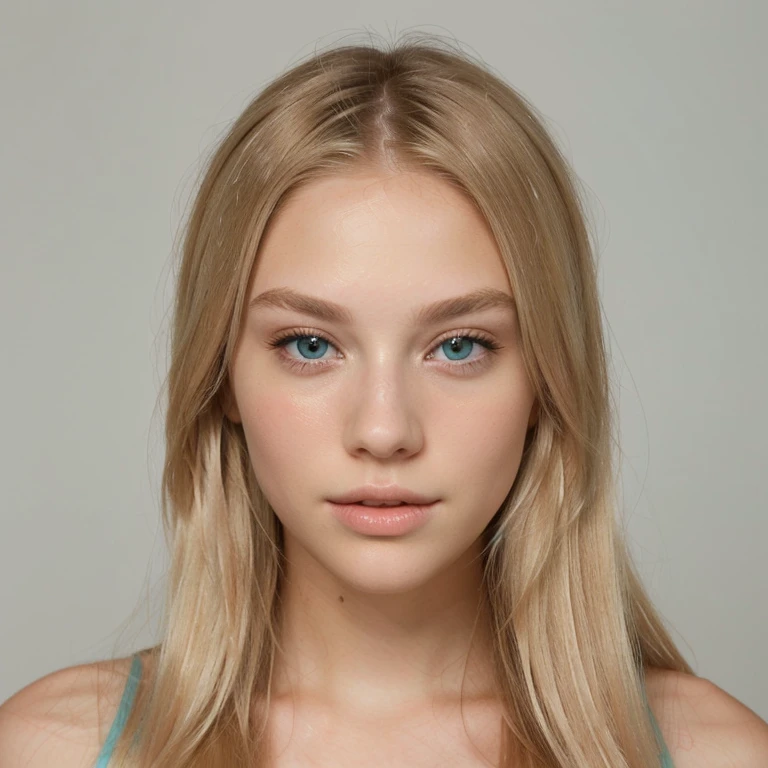 Girl with long blonde hair, falling down her back. She has turquoise eyes and delicate facial features with soft corners of her lips.. Her skin is perfectly smooth, with a light tan and a barely noticeable blush on the cheeks. She is slim, with graceful shapes.