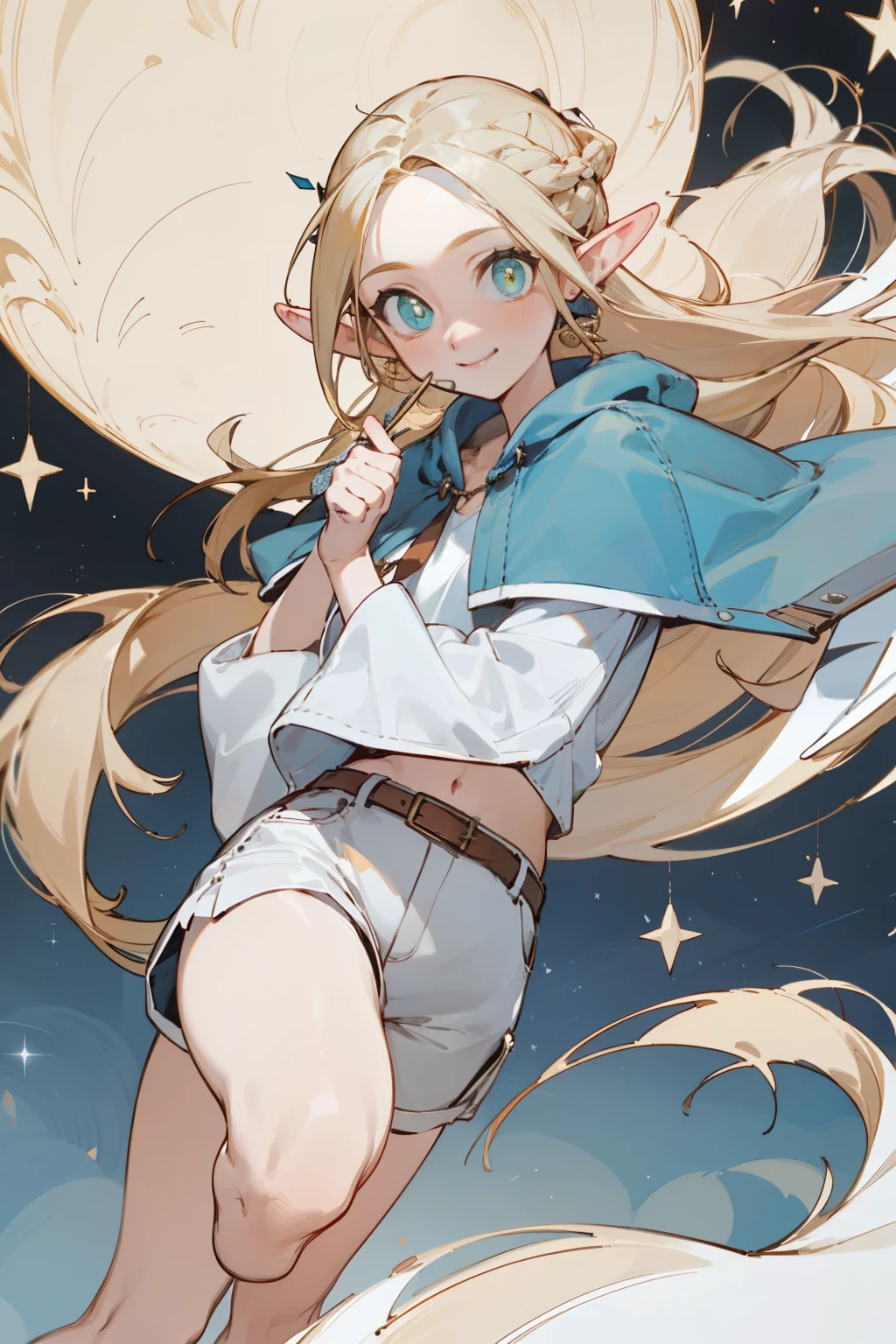 (masterpiece, best quality) detailed,silver accessories , Blonde ,elegant, Pointed ears ,White shirt,shorts,Double tail,Waist-length hair,Smile,Star decoration