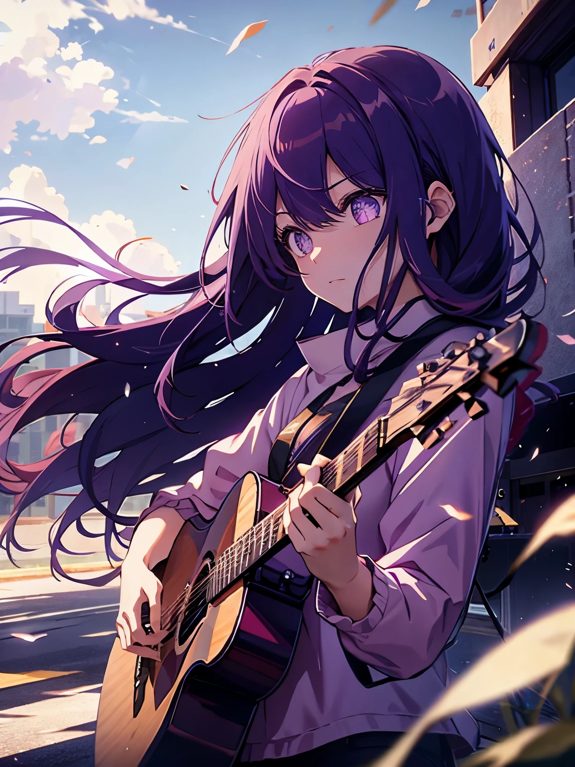 look up, Purple Hair, Purple eyes, Shining Eyes, Sniper rifle, Long hair blowing in the wind, Perfect composition, 8k、Playing guitar、live、