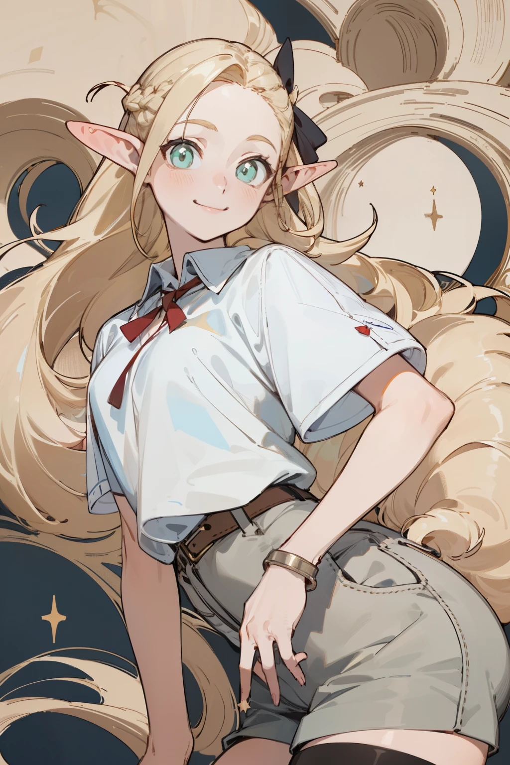 (masterpiece, best quality) detailed,silver accessories , Blonde ,elegant, Pointed ears ,White shirt,shorts,Double tail,Waist-length hair,Smile,Star decoration