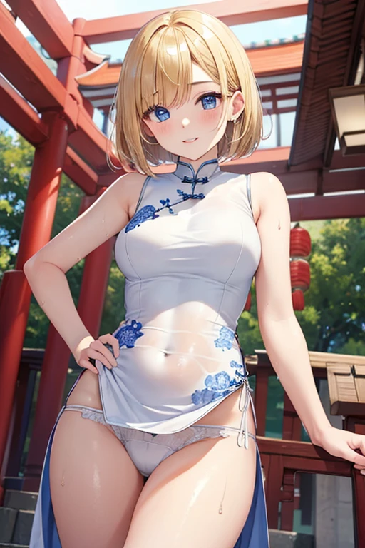 (masterpiece,highest quality,超A high resolution),Japanese women, (((Very beautiful 18 year old girl))), pretty girl、Look at the photographer､ ((Beautiful blonde bob hair)), Very cute face, Glossy Lips, Double eyelids on both eyes, blue eyes, Natural smile、 Natural Makeup, Long eyelashes, Shiny and smooth hair､Center image, Perfect limbs, Perfect Anatomy,(((Shiny Chinese Dress　white panties))),undressing panties,Pull down your pants、Wet with sweat,Cowboy Shot,