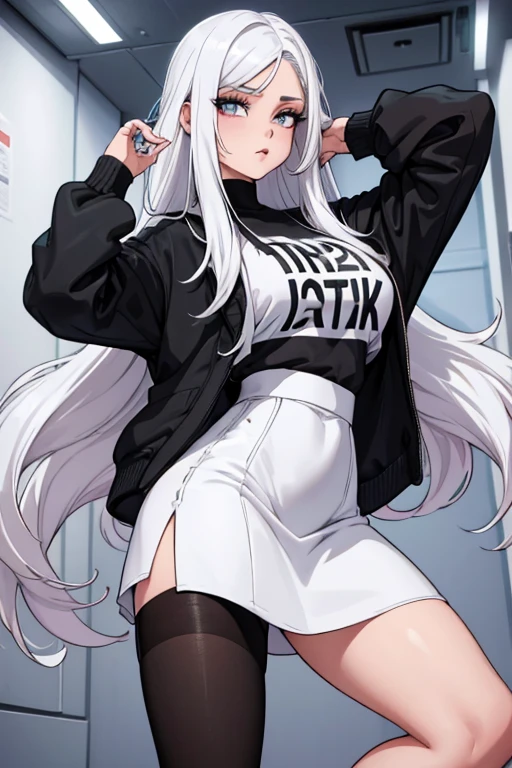 22 anos, pele branca, quase fala, cabelo branco, rosa nas pontas, cabelo extremamente longo, apertado, black pantyhose, black sneakers, cabelo branco, cabelo entre os olhos, cabelo branco, boca fechada, faixa, messy hair big formal skirt