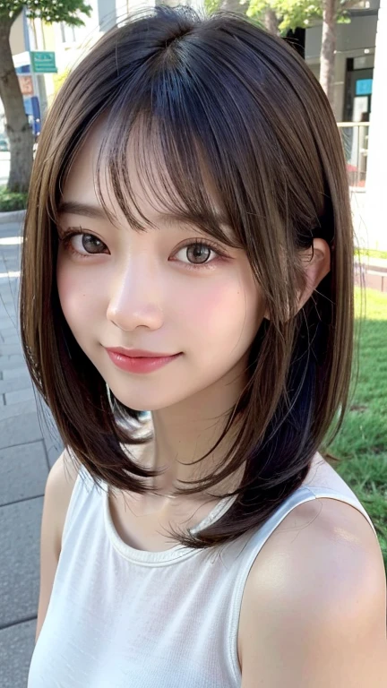 (((A loose, fluffy hairstyle with shoulder-length brown mini bob)))、(((She is posing like a hair salon model with a summer park in the background.)))、(((Random cute camisole)))、Close-up of face、Half Japanese, half Korean、18 year old girl、Standing Alone、Looking forward、Light eye makeup、Brown Hair Color、Flat and 、Hair blowing in the wind、Actress Quality、Glossy, ultra-realistic face、Smiling face、Watery eyes、Gazing Up、Subtle lighting effects、 Ultra-Realistic Capture、Very detailed、High resolution 16K close up of human skin。Skin texture must be natural、The details must be such that pores can be clearly seen、The skin is healthy、Uniform tone、Use natural light and colors、High quality images taken by a model agency's exclusive photographer、smile