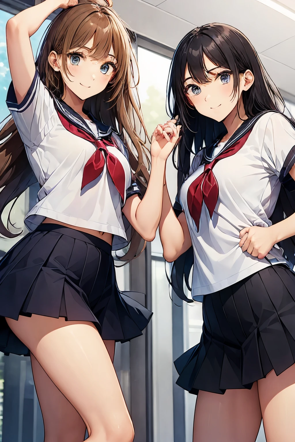 Two high school girls dancing in gym clothes on the school grounds、seductive smile、There is movement