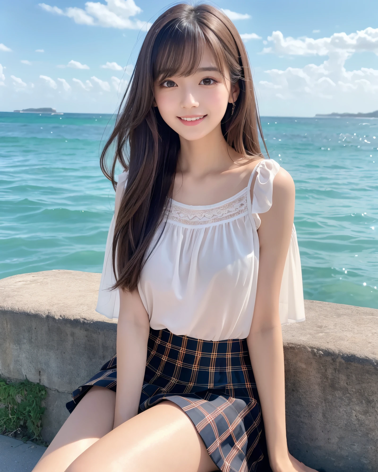 (highest quality, 32k, High resolution, masterpiece:1.5, ), Transparent air, The brilliance of youth, 驚異的なディテールを誇る受賞歴のあるmasterpiece, Beautiful Japanese Girls, An exceptionally beautiful face, Shiny brown hair, ((Beautifully groomed long hair)), Asymmetrical bangs, Hair between the eyes, Beautifully trimmed, thin eyebrows, Magical big eyes, Moist black eyes, Clear double eyelids, smooth and transparent skin, Pale pink lips, Natural Makeup, Rich expression of emotions, (fleeting smile:1.2), Lightweight silk blouse, blue plaid pleated skirt, sit, Absolute area, High resolutionの美しい太もも, (whole body:1.3), Parks by the sea, Beautiful, clear blue sea stretches to the horizon, The dazzling summer sunshine, detailed blue sky, Professional Lighting, Professional Photographer, Professional models