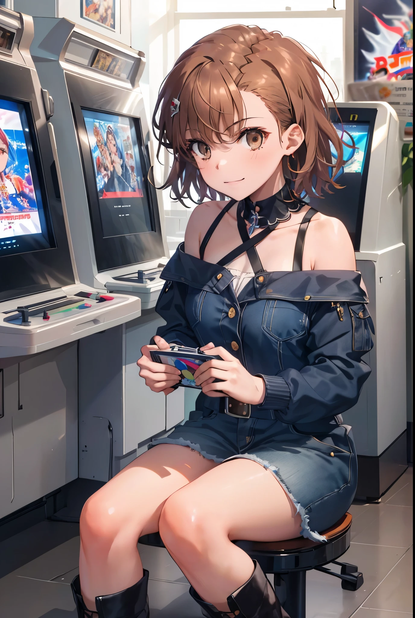 8k,highest quality,masterpiece,(((Pixel Perfect, Perfect in every detail))), alone, 1 girl, Mycotrose, Brown eyes,Brown Hair,short hair,Looking at the audience,Off-the-shoulder dress,Short denim,short boots, Open your mouth,smile,sitting Chair, game_center, scenery, Arcade Cabinet, Chair, Poster (object), indoor ,s4g4m1,(masterpiece:1.2), highest quality, High resolution, unity 8k wallpaper, (shape:0.8), (Beautiful and detailed:1.6), Highly detailed face, Perfect lighting, Highly detailed CG, (Perfect hands, Perfect Anatomy),