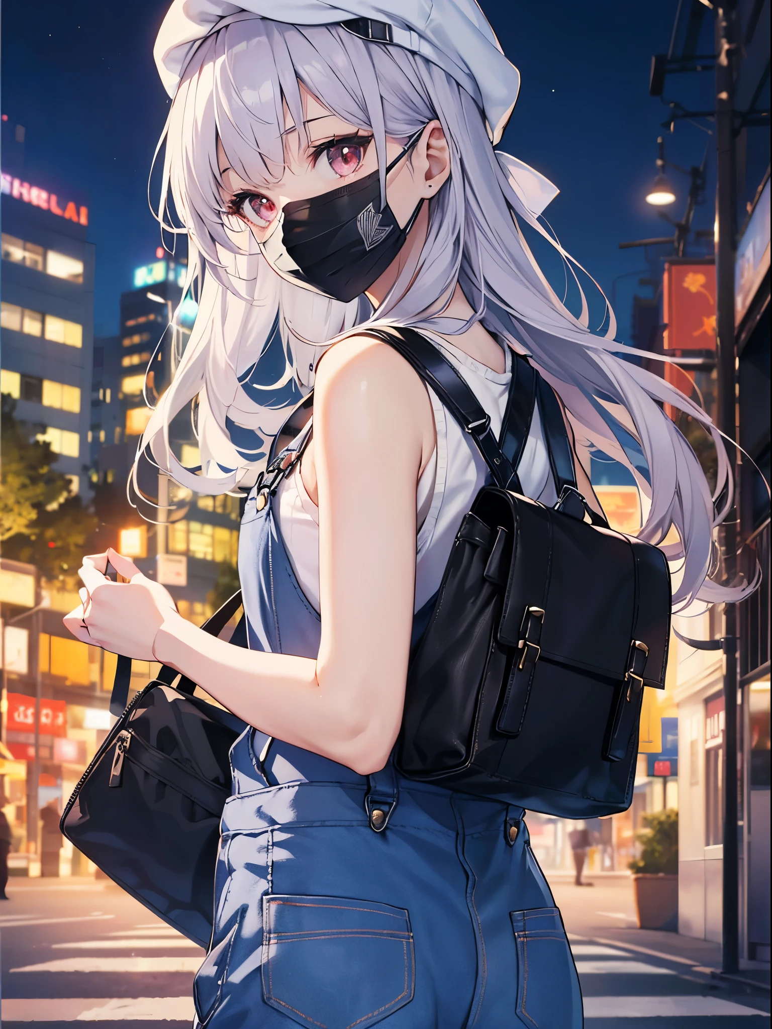 (Close-up:1.3),Realistic,highest quality, Super detailed, High-quality CG rendering, The most delicate and beautiful, Floating softly, High resolution, (1 girl), (highest quality,4K,8k,masterpiece:1.2), Light purple hair,Long Hair,Red eyes,(Pure white oversized overalls:1.3),(Pure white cap:1.3),In the city,old buildings,(Black Mask:1.4),(Upper Body:1.3),(Turn your back to your audience:1.3),Ass,(Small shoulder bag:1.3)