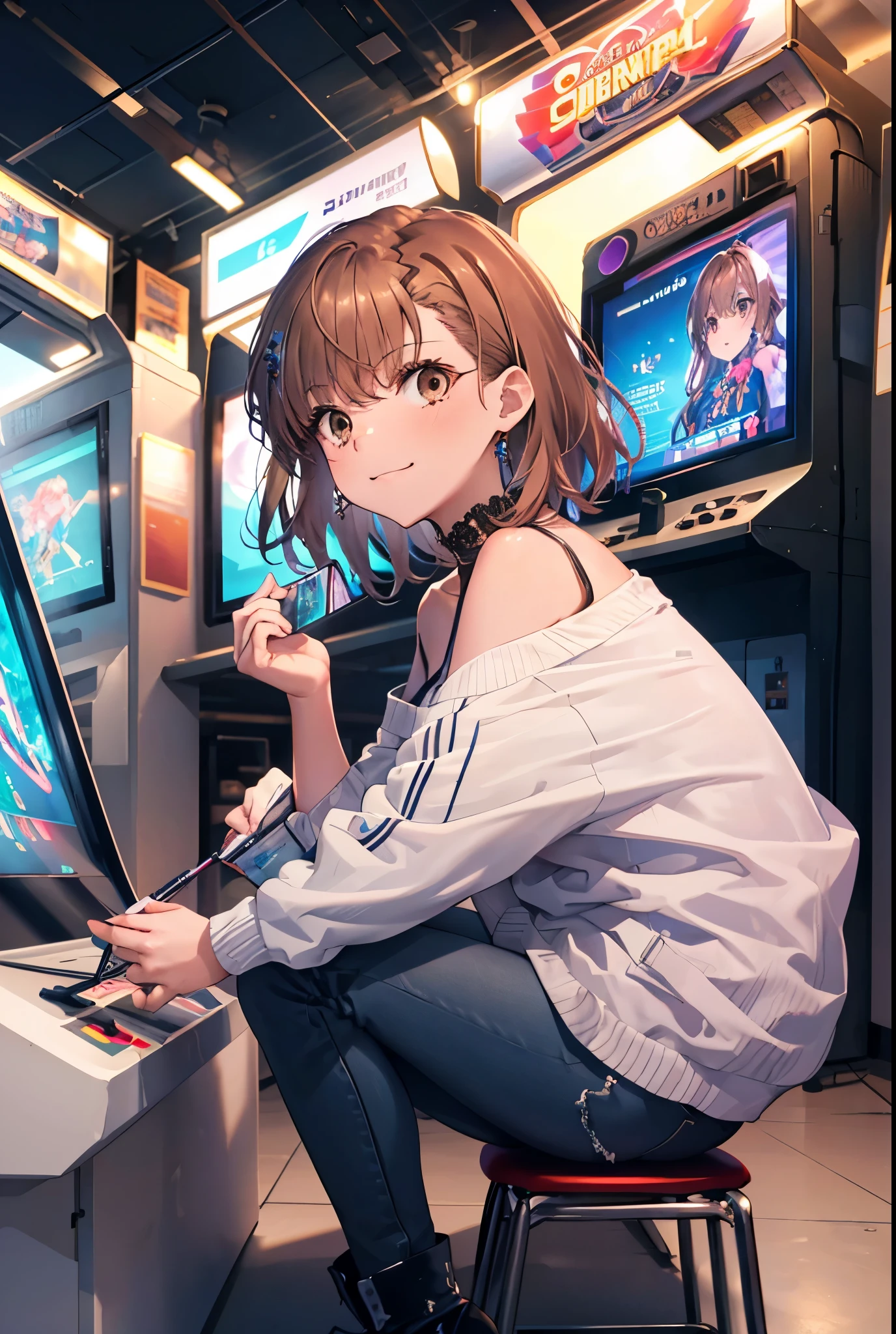 8k,highest quality,masterpiece,(((Pixel Perfect, Perfect in every detail))), alone, 1 girl, Mycotrose, Brown eyes,Brown Hair,short hair,Looking at the audience,Off-the-shoulder dress,Short denim,short boots, Open your mouth,smile,sitting Chair, game_center, scenery, Arcade Cabinet, Chair, Poster (object), indoor ,s4g4m1,(masterpiece:1.2), highest quality, High resolution, unity 8k wallpaper, (shape:0.8), (Beautiful and detailed:1.6), Highly detailed face, Perfect lighting, Highly detailed CG, (Perfect hands, Perfect Anatomy),