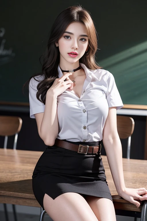 (Masterpiece, best quality, alone, รายละเอียดที่complicated, Chromatic aberration), realistic, ((Moderate breath)), hair on one eye,purple eyes, earring, sharp eyes, choker, (symmetrical eyes),(Perfect symmetrical body),Photo of a beautiful 24 year old girl, Beautiful and charming with contemporary fashion paintings as well..., looking at the audience, ((in the classroom background)), (1  Girl),(black short skirt), (Fitted white short sleeve shirt, Unbuttoning the buttons, revealing a little of the chest..), ((Short black pencil skirt with deep slit at the side.)), sugar belt, ((Put your hands down.)),copper blonde hair, bob, round chin, Art lens 85mm, Sharp focus, High resolution 8K, Crazy details, complicated, elegant,sitting on the study table Lift one leg to eye level, legs slightly apart.,big breasts,Big breasts, dynamic gesture, big breasts
