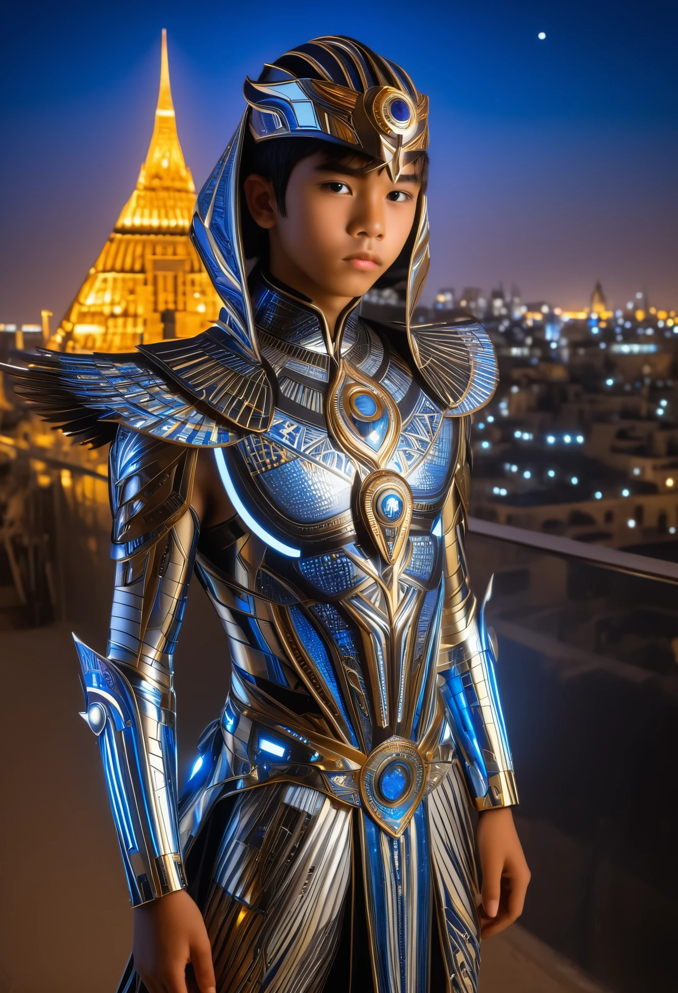 Highly detailed, hyper-realistic portrait of a young Japanese boy, by Hajime Sorayama and Ash Thorp, wearing a stunning, intricately designed fantasy outfit, blending traditional Egyptian pharaonic regalia with modern, high-tech elements, set against a vibrant, neon-lit Cairo cityscape, with subtle hints of ancient Egyptian architecture, intense, futuristic lighting, Canon EOS 5D Mark IV, ƒ 2.8, 50 mm, 8k, medium-format print, intricate textures, dynamic pose, fusion of Japanese and Egyptian cultural styles, subtle facial expression, ornate Ankh and Scarab motifs, intricate hieroglyphic patterns.