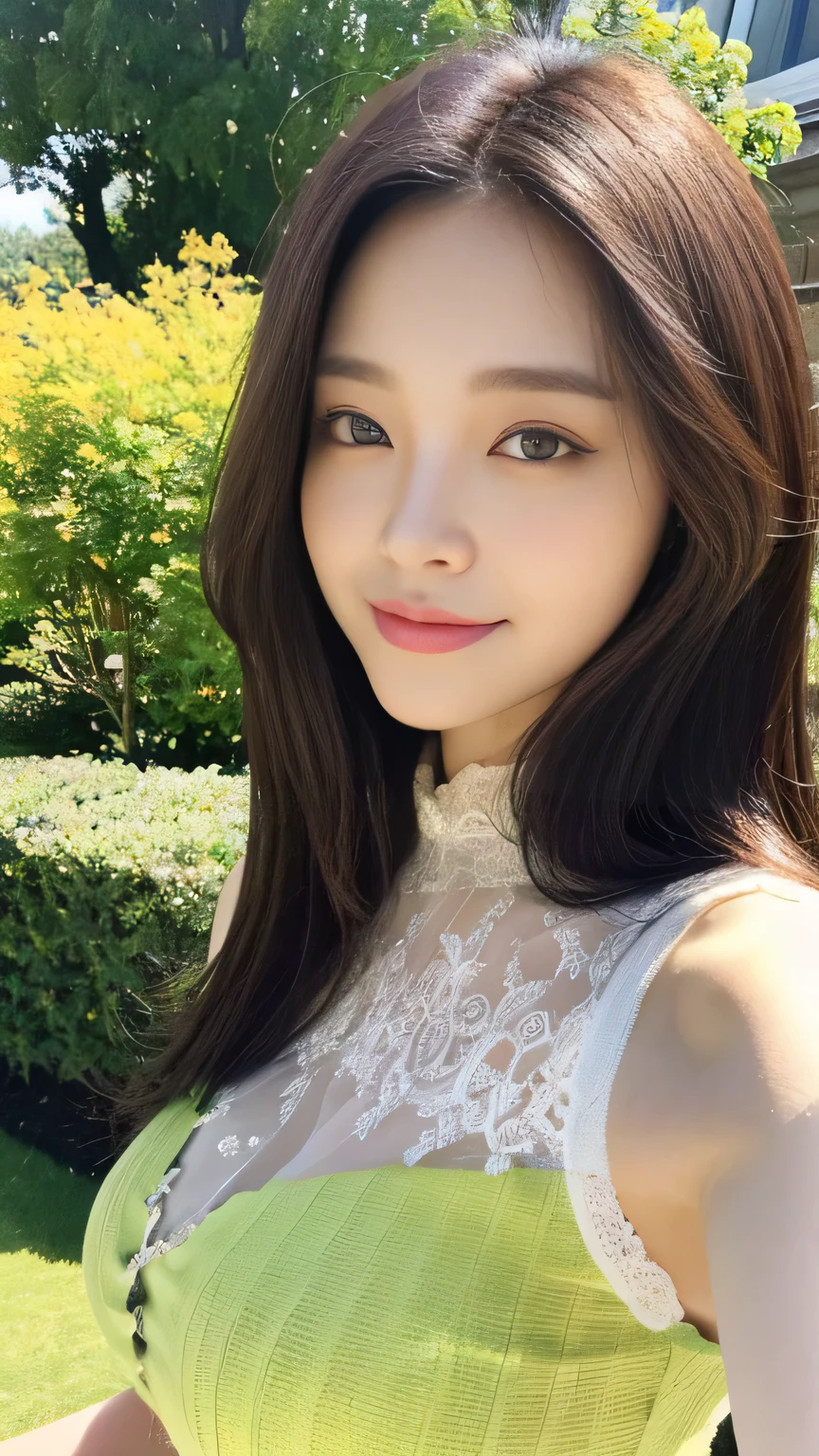 Full body angle、((highest quality, 8K, masterpiece:1.3)), concentrated:1.2, Perfect body beauty:1.4, ????:1.2, ((Delicate Hair)), (Colorful lettuce cut mock neck see-through top without bra、 :1.1) , ((highest quality、8K、masterpiece:1.3))、1 Girl、A sloppy smile、Esbian all over、Slim face、Big 、Beautiful woman、(Dark Brown Hair)、Long Hair、1.1、Flickering Valley、Detailed eyes、double eyelid、Blurred Background、超Slim face、Looking down、garden、