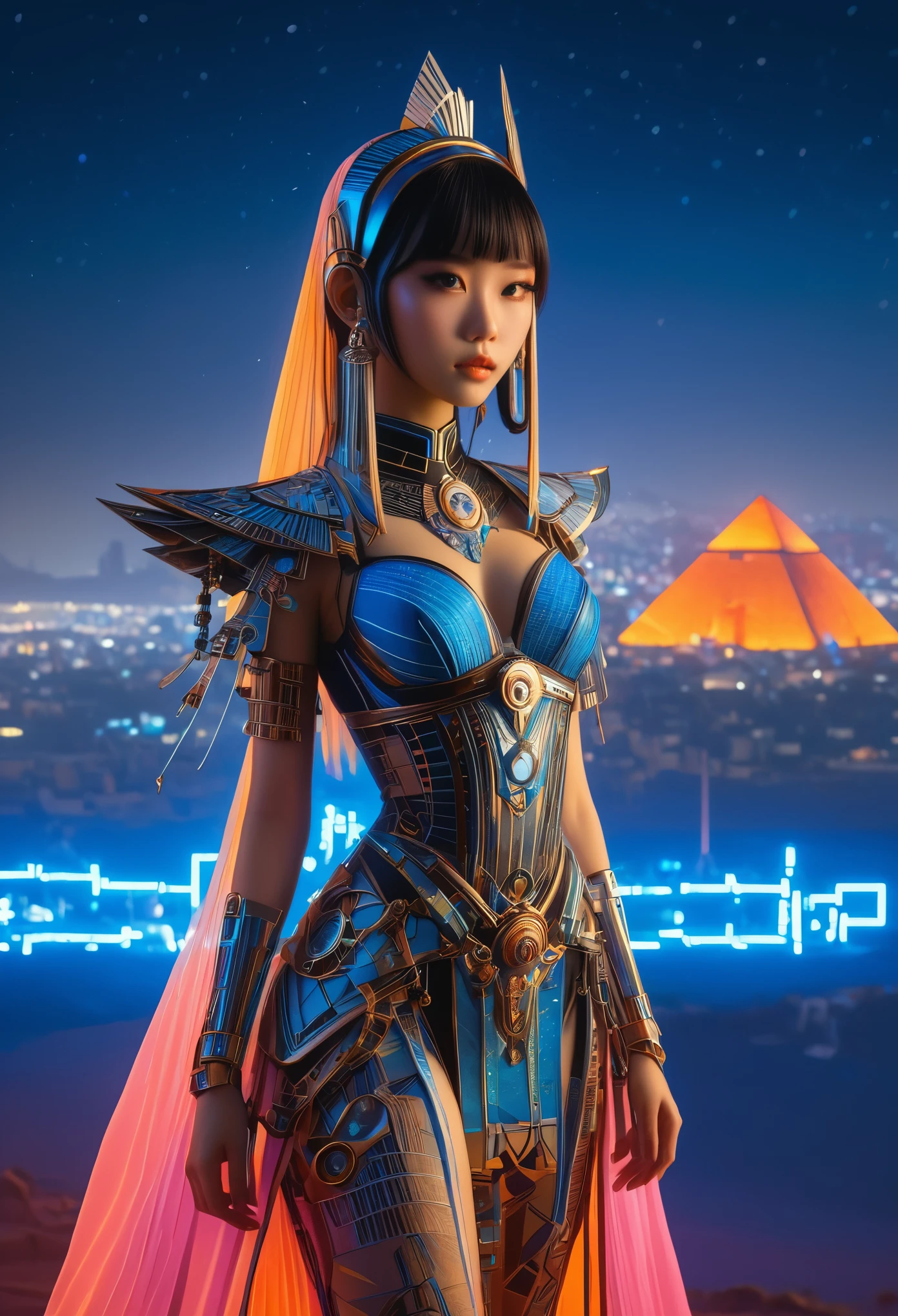 Breathtaking hyper-realistic Japanese girl, by Ian McQue and Loish, anime, manga, character, wearing intricate fantasy clothes inspired by ancient Egyptian culture, futuristic and modern twist, standing in a neon-lit Cairo cityscape with the Pyramids of Giza in the background, vibrant colors, soft focus, warm lighting, Canon EOS R5, ƒ 2.0, 35 mm, 8k, high-quality print, delicate features, detailed textures, dynamic pose, fusion of traditional and futuristic elements, ornate accessories, exotic patterns, Ankh-inspired jewelry, hieroglyphic-inspired design.