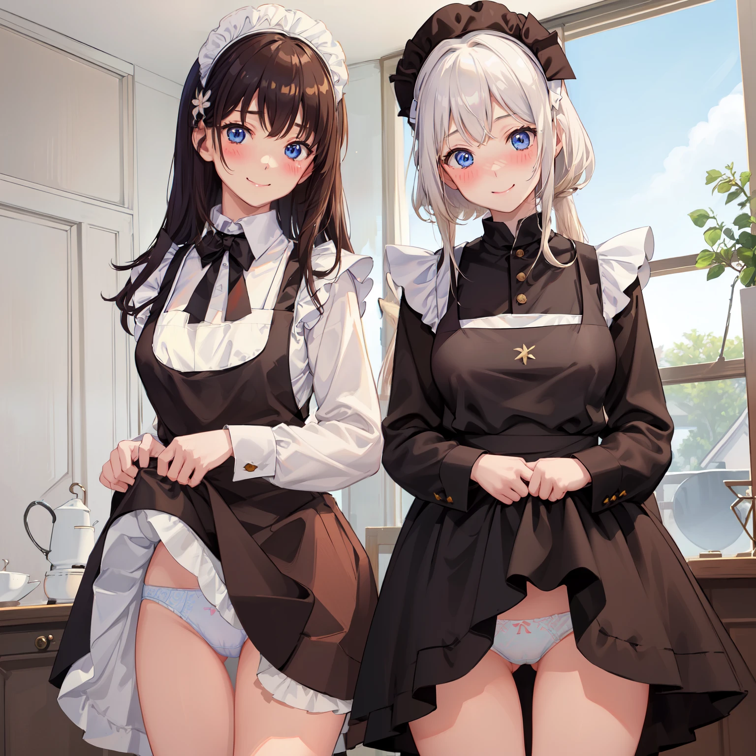 highest quality、masterpiece、((2 girls))、((smile:1.3))、(blush:1.3)、Black Shirt、blouse、((fun!!))、(Small breasts)、()、Blonde、(Long sleeve)、((White apron:1.5))、((Maid))、((hair ornaments)),、Kamimei、look at me、 ((in house:1.5))、 Taking a break from watching the audience、Cowboy Shot、(Skirt lift:1.3),(Highly detailed white panties:1.3)、(Highly detailed panties:1.3)、、(スカート that rolls up:1.3)、(Panties fully exposed:1.5)、Light blue eyes、long hair、Glowing Eyes