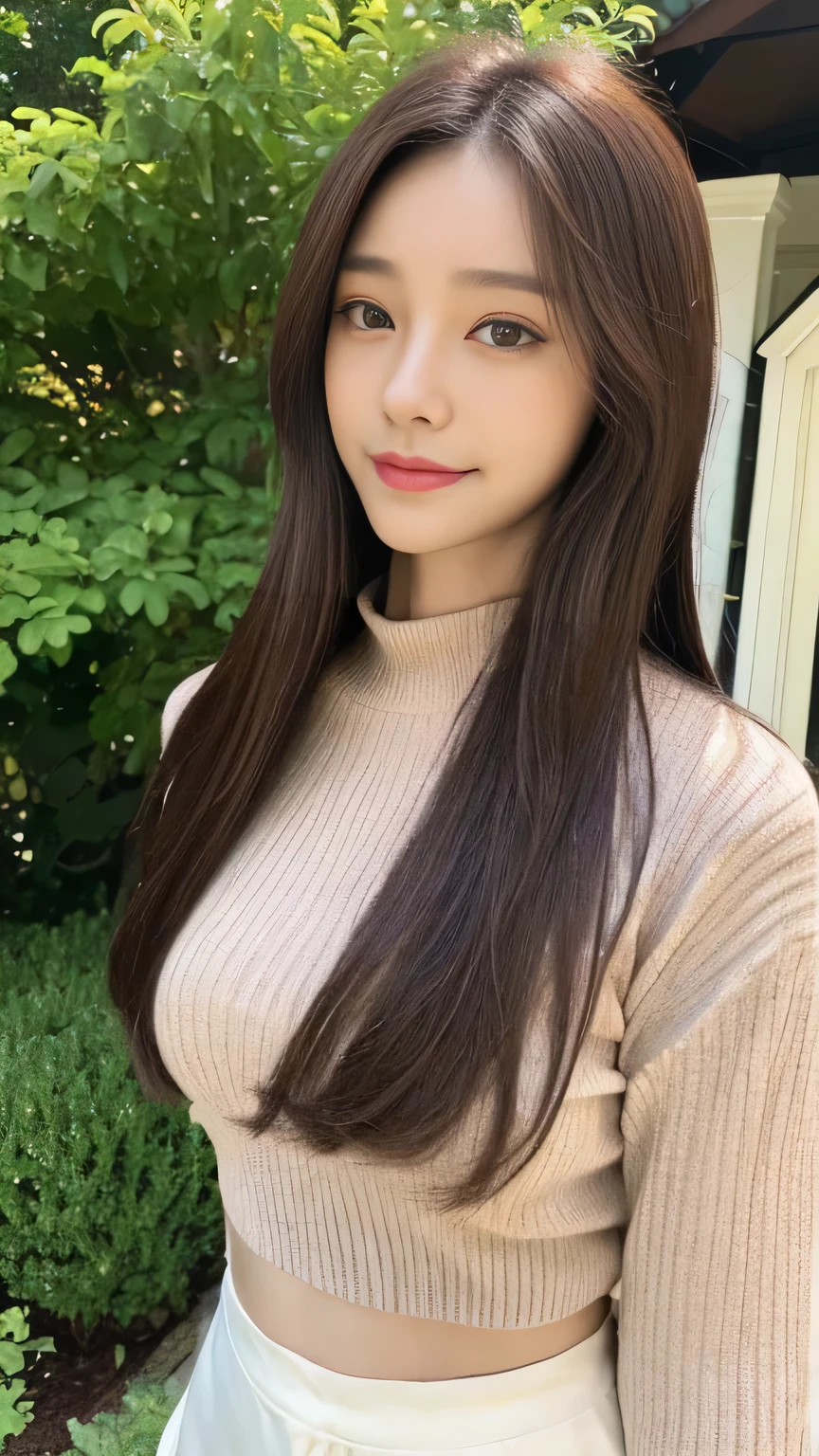 Full body angle、((highest quality, 8K, masterpiece:1.3)), concentrated:1.2, Perfect body beauty:1.4, Hips:1.2, ((Delicate Hair)), (Colorful lettuce cut mock neck see-through top without bra、 :1.1) , ((highest quality、8K、masterpiece:1.3))、1 Girl、A sloppy smile、Esbian all over、Slim face、Big 、Beautiful woman、(Dark Brown Hair)、Long Hair、1.1、Flickering Valley、Detailed eyes、double eyelid、Blurred Background、超Slim face、Looking down、garden、