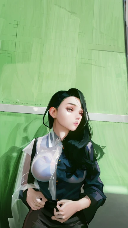 1 a beautiful girl, 20 years old, oval face, long black hair, has an ideal and sexy body, big breasts, wearing a transparent white and blue shirt, high quality, 8k, high detail