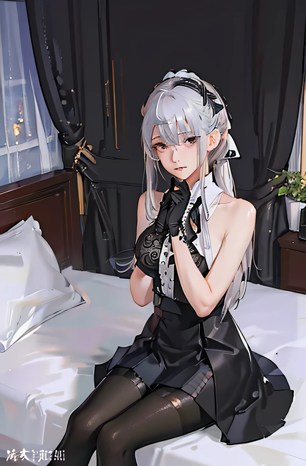 (((1 girl)),Ray Tracing,(Dim lighting),[Detailed Background (Bedroom)),((Silver Hair)),((Silver Hair)),(Fluffy Silver Hair, Plump and slender girl)) Raised ponytail)))) Avoid blonde eyes in the ominous Bedroom ((((Girls、She wears intricately embroidered black high-waisted pants and pantyhose.。) White frilly ribbon gloves), Showing off a delicate, slim figure and graceful curves, Correct limbs, Sitting on the bed、8K、Perfect female body、Red line clothes、8K、High quality、Naughty fashion、Big Breasts、Eros、Lingerie、Pink outfit、bikini