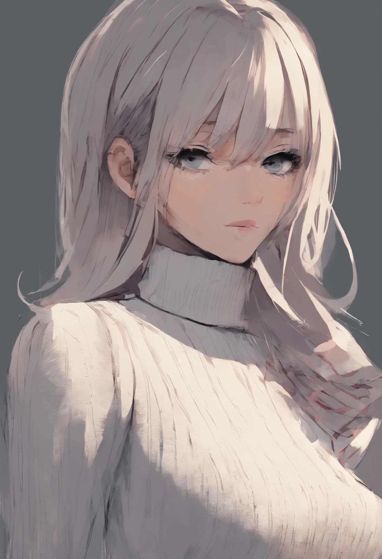 (8k, masterpiece, best quality, Solitary, SFW), ((September Carino)), (portrait, turtleneck sweater, skirt), looking at camera, Eyeliner, Eyeshadow, Simple dark background,